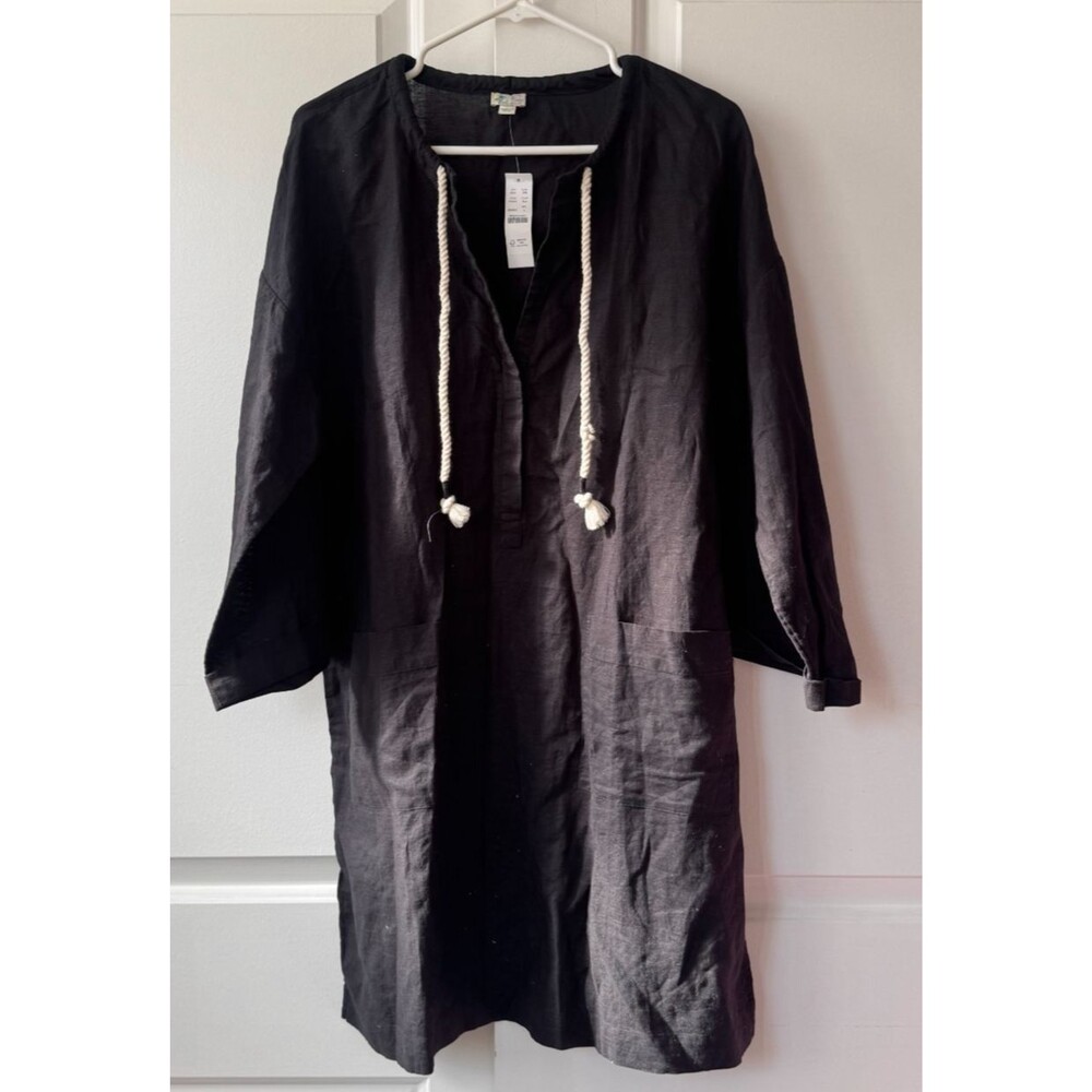 J Crew Cotton Linen Cover-Up Large Black Tunic Beachwear Popover Kaftan